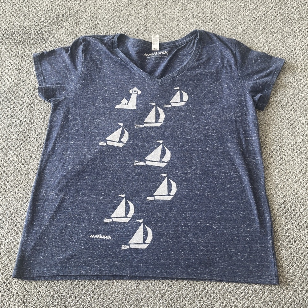 Women's Marushka Hand Printed T Shirt. Sail Boats: XL. Blue